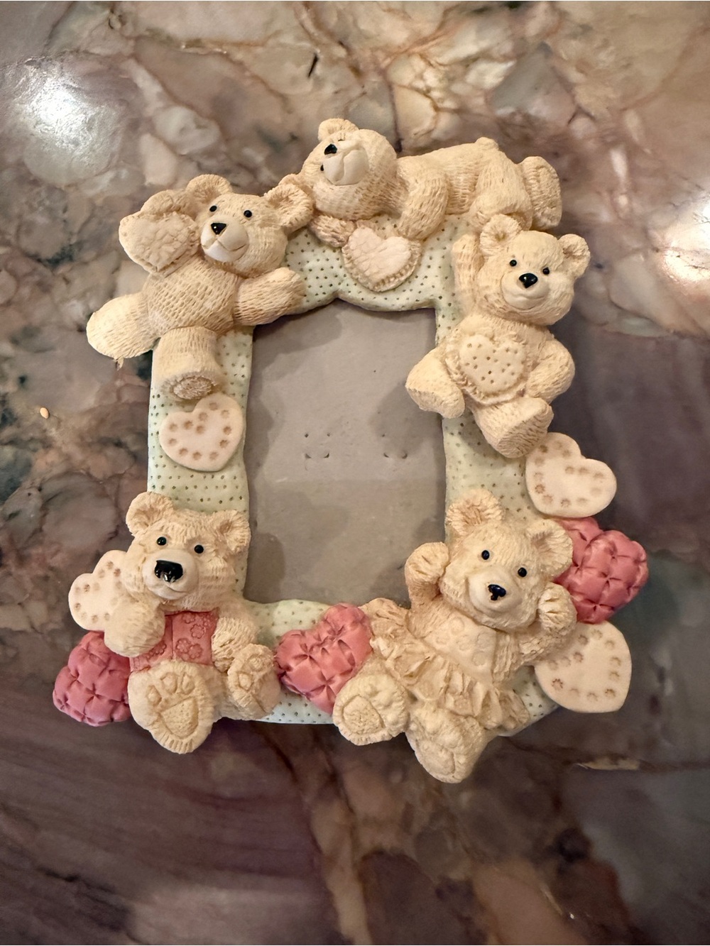 Plush Teddy Bear Picture Frame with Pink Heart Accents